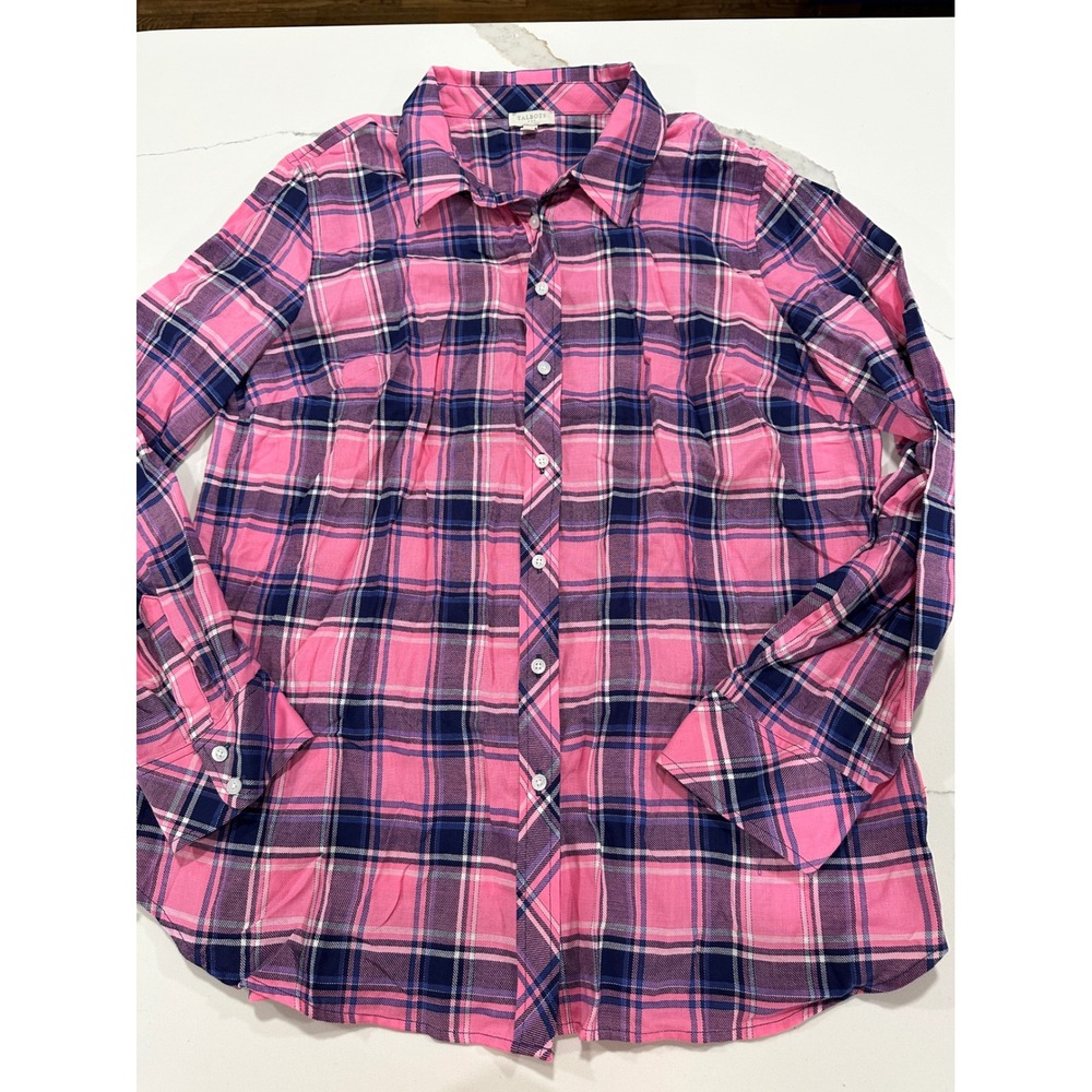 Talbots Womens Pink Navy Blue Plaid Flannel Button Down Shirt Cotton Size L